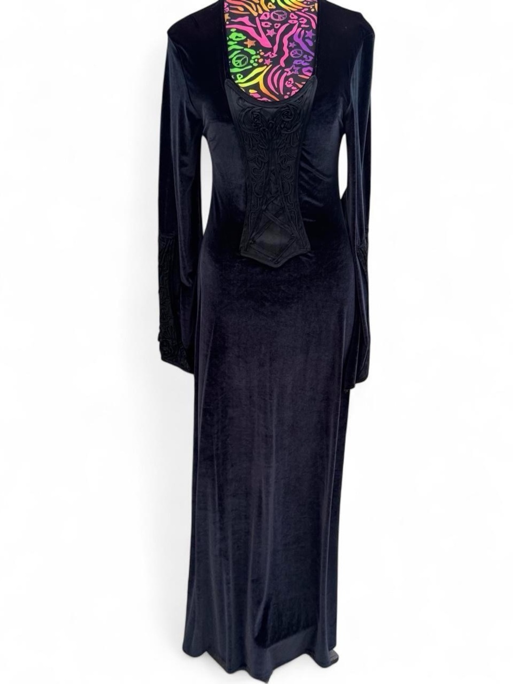 Cykxtees 90s y2k Black Velvet Gothic Maxi Dress iridescent Bodice corset vamp - Picture 7 of 7